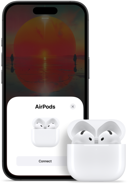 Avatud kaanega karp, sees AirPods 4 k?rvaklapid, iPhone'i k?rval, millel kuvatakse, et AirPods 4 on ühendatud.