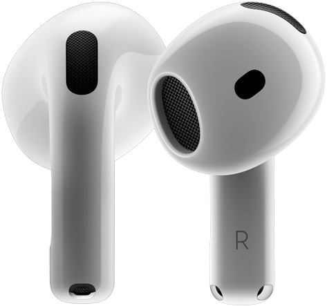 Kaks AirPods 4 k?rvaklappi üksteise ümber keerlemas ja erinevate nurkade all peatumas.