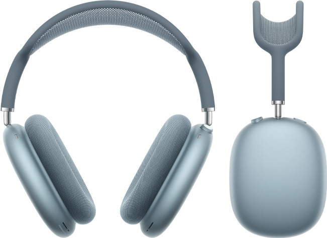 M?lynos spalvos ?AirPods Max“ kadrai i? priekio ir i? ?ono.