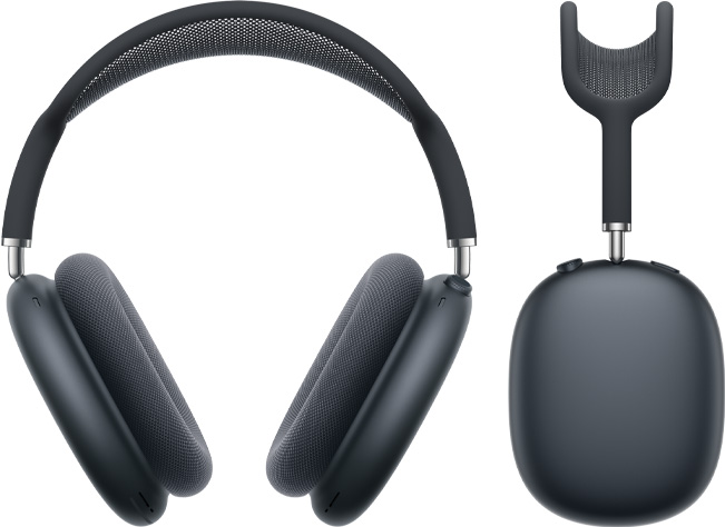 Vidurnak?io spalvos ?AirPods Max“ kadrai i? priekio ir i? ?ono.