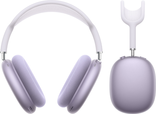 Violetin?s spalvos ?AirPods Max“ kadrai i? priekio ir i? ?ono.