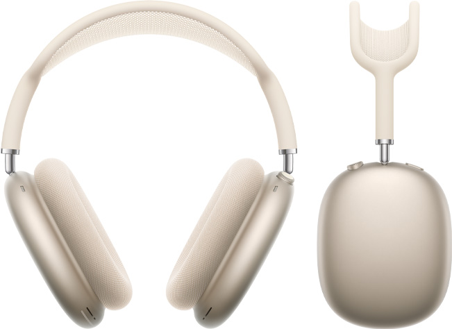 ?vaig?d?i? ?viesos spalvos ?AirPods Max“ kadrai i? priekio ir i? ?ono.