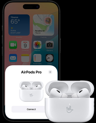 Un bo?tier de charge ouvert avec des AirPods 4 à l’intérieur, à c?té d’un iPhone montrant que les AirPods 4 ont été connectés.