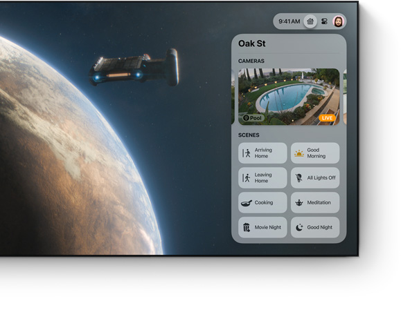 De gebruikersinterface van het bedieningspaneel van Apple TV 4K op een flatscreen-tv
