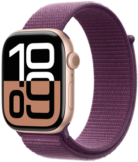 An Apple?Watch Series?10 above swatches of the available finishes: Jet Black aluminum, Silver aluminum, Rose Gold aluminum, Natural titanium, Slate titanium, and Gold titanium.