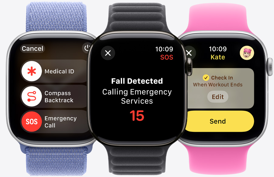 The emergency call slider being displayed along with the Medical ID and Compass Backtrack sliders on an Apple?Watch Series?10. A fall being detected on an Apple?Watch Series?10. A Check In about to be sent to someone on an Apple?Watch Series?10.