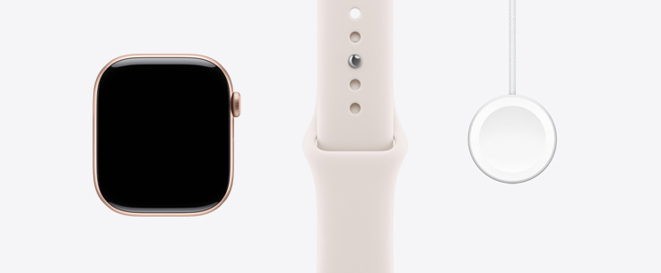 Apple Watch Series 11, bo?tier en aluminium, couleur or rose, face avant, écran bord à bord, Bracelet Sport rose tendre, Cable de charge rapide magnétique vers USB?C pour Apple Watch