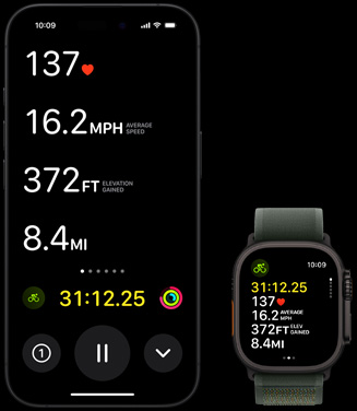 En liveaktivitet med cykelm?linger for en person vises b?de p? personens Apple Watch Ultra 2 og p? personens iPhone.