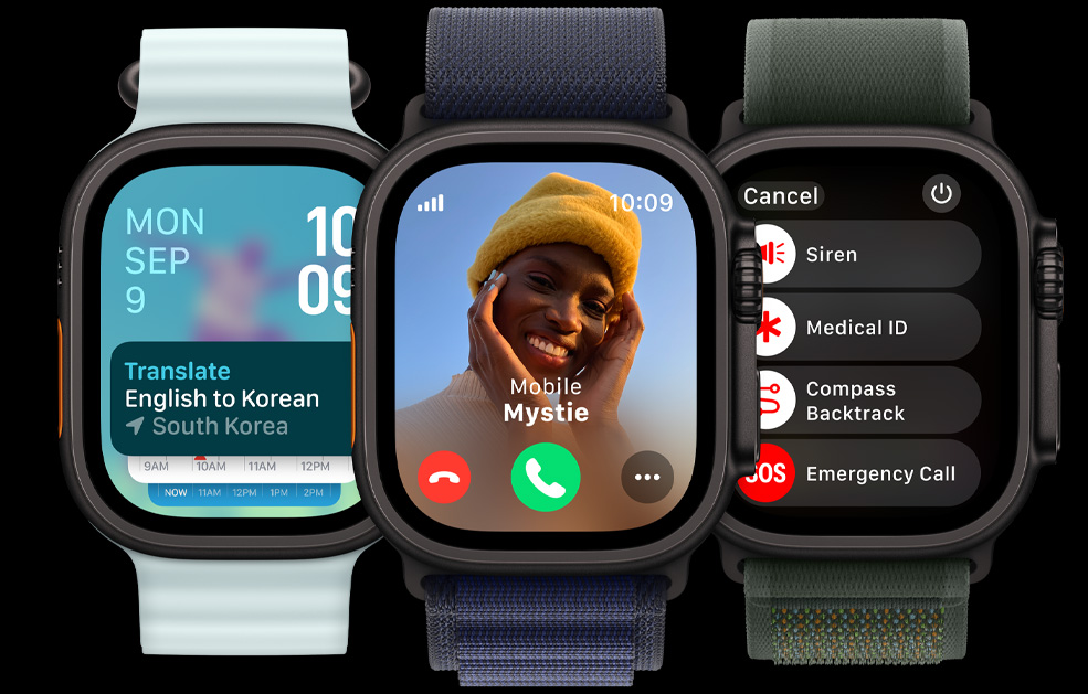 Sk?rmene p? tre Apple Watch Ultra-enheder. Den ene viser appen Overs?t. Den anden viser et indg?ende opkald. Og den sidste viser symbolerne for Sirene, N?dinfo, Find tilbage og N?d-SOS.
