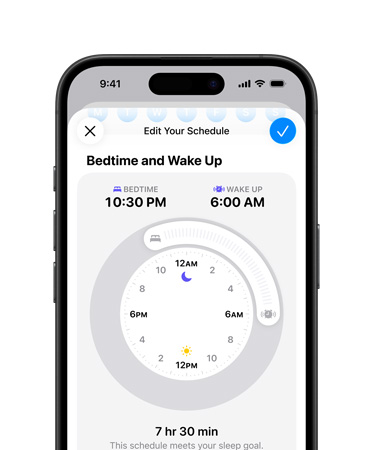 iPhone, horario de sue?o abierto en la app Salud, hora de acostarse programada para las 22:30, hora de despertarse programada para las 7:00, esfera horaria radial en el centro de la pantalla, objetivo de sue?o de 8 horas y 30 minutos cumplido