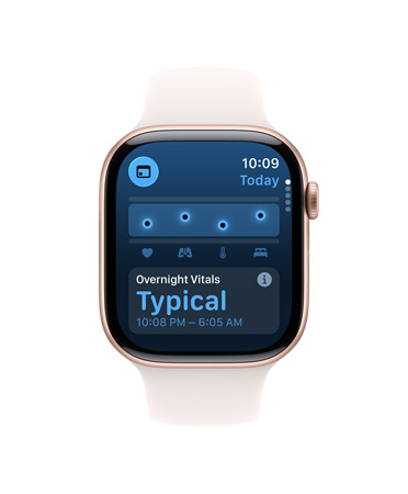 Apple Watch Series 11, caja de aluminio, color oro rosa, app Constantes Vitales, resumen de salud, notificación de constantes vitales nocturnas normales, lateral derecho: Digital Crown, correa deportiva en color rosa rubor