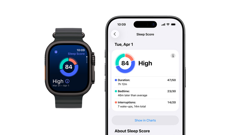 Apple Watch Series 11, caja de aluminio, color oro rosa, gráfico circular y valoración de calidad del sue?o, lateral derecho: Digital Crown, correa deportiva en color rosa rubor, análisis de sue?o completo abierto en un iPhone enlazado