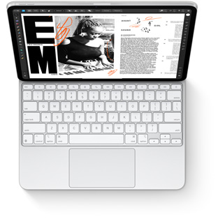 Изглед отгоре на iPad Pro с бяла клавиатура Magic Keyboard за iPad Pro.