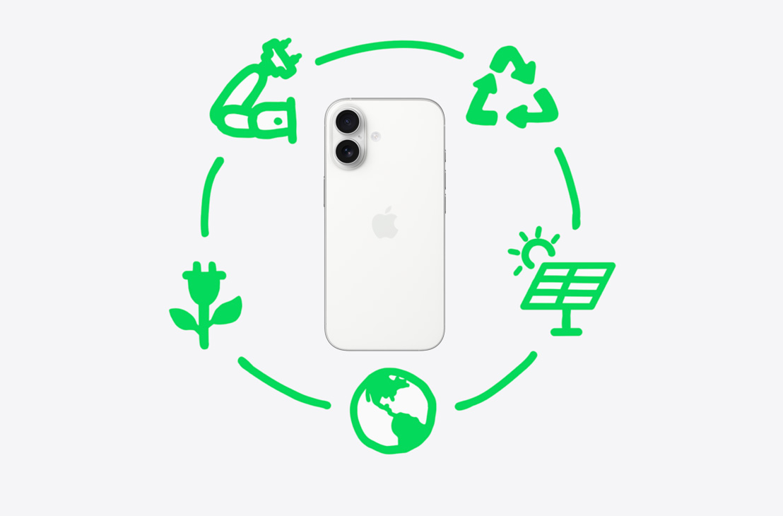 Ilustración que muestra los pasos que sigue Apple para reciclar y reutilizar materiales, incluidos el dise?o y las materias primas, la fabricación, el empaque y envío, el uso y la recuperación, todo alrededor de un iPhone 17 azul neblina, parte posterior.