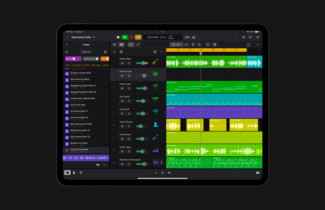UI of a beat selection that showcases visual selections of Heavy Bass, Drum Loops, Synth Lead, Airy Synth, Vocal Shouts, Punch Bass, Synth Lead and Electronic Percussion.