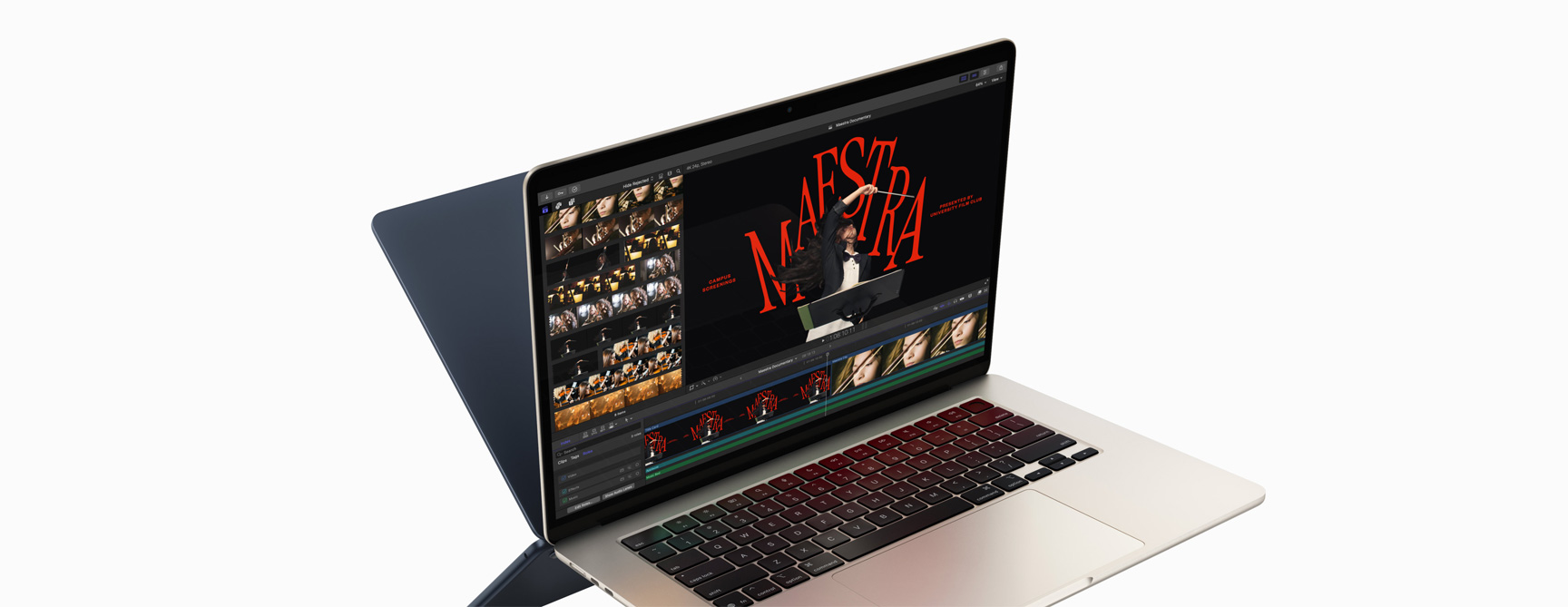 Un MacBook Air affichant un montage vidéo dans Final Cut Pro pour montrer les capacités de la puce M4. On aper?oit l’arrière d’un second MacBook Air derrière le premier, comme une image en miroir.