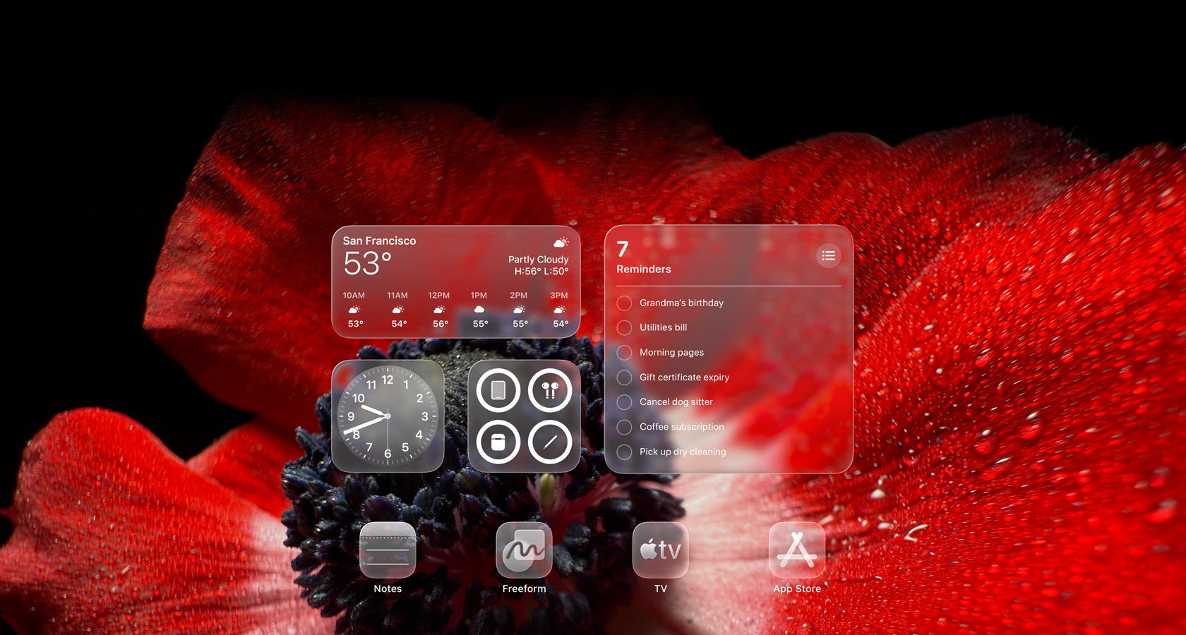 Lock Screen showing app icons for Weather, Reminders and Clock, all translucent Liquid Glass, refracting background