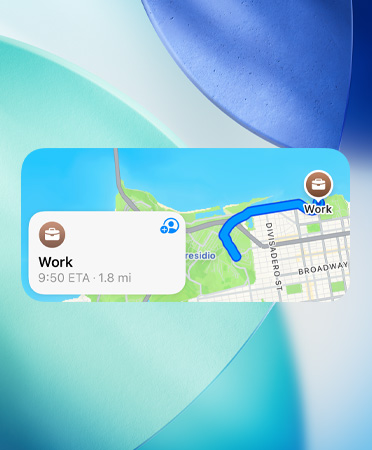 El widget de Mapas muestra el nuevo planificador de rutas preferidas, con información sobre el tránsito, la hora de llegada y la duración del viaje