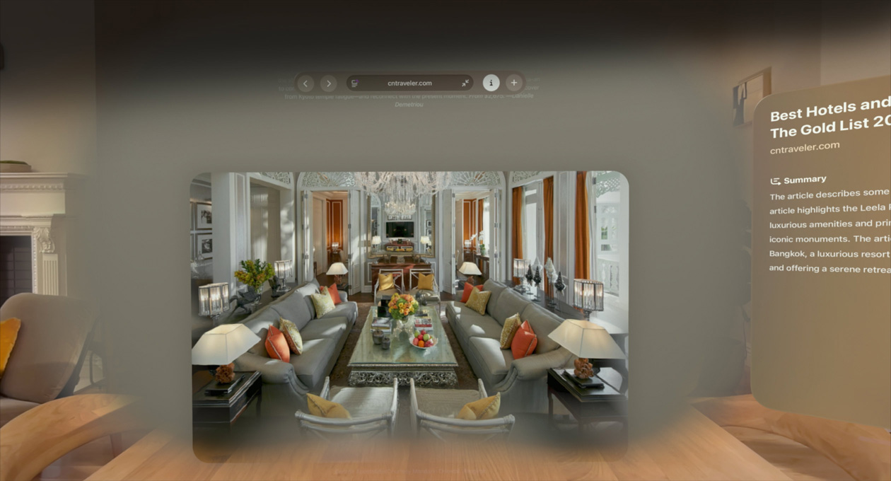 Safari web page featuring an inline spatial scene of a living room with long, deep hallways in the background