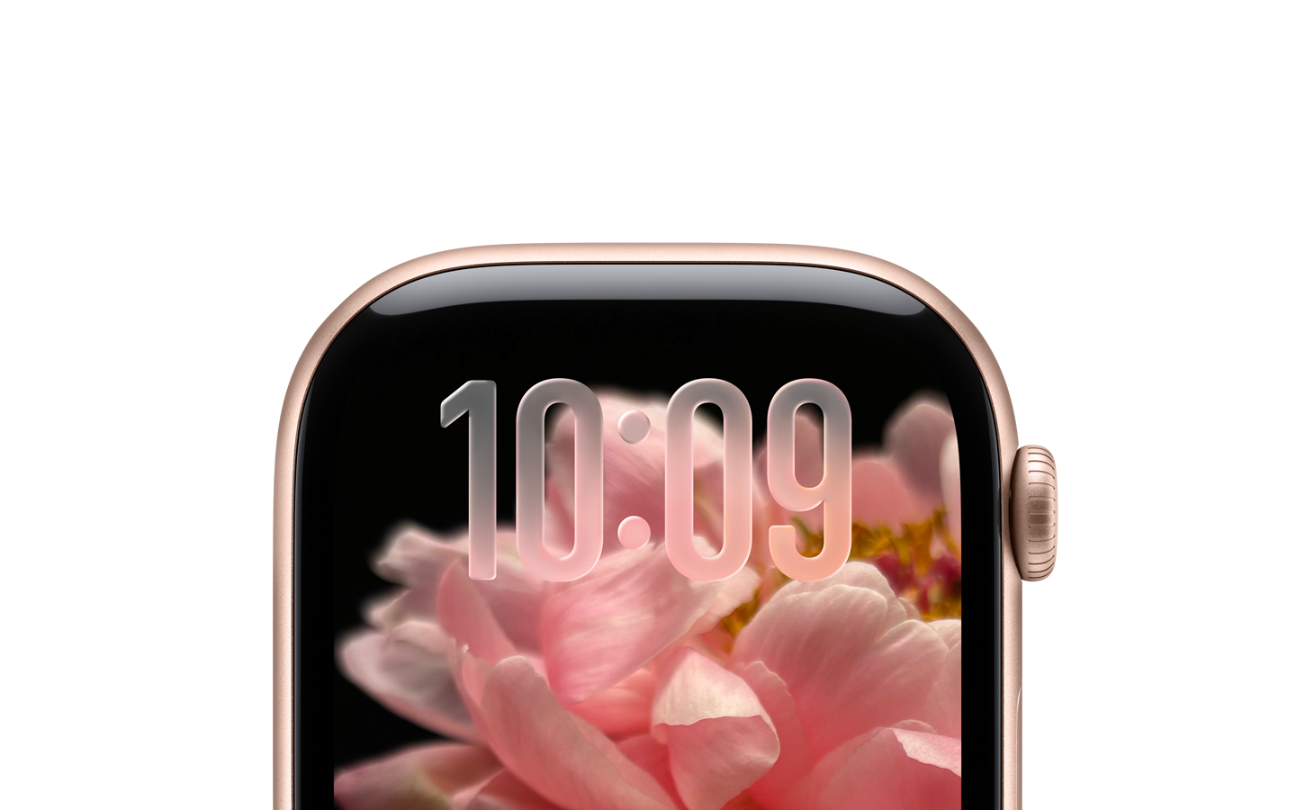 Apple Watch in Rose Gold, no strap, top section of face only, translucent Liquid Glass time numerals at the top