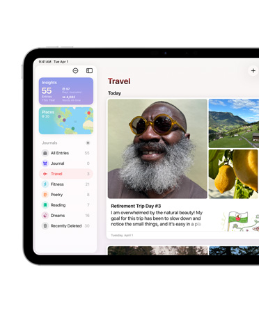 Un iPad, orientation paysage, le c?té gauche de l’écran affiche l’app Journal