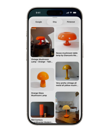 iPhone montrant un agencement d’images présentant différentes lampes champignon sur Etsy, à c?té d’onglets Google et Pinterest