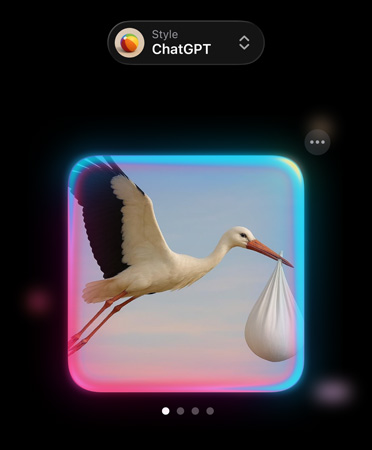 écran Genmoji avec l’image d’une cigogne très réaliste tenant un baluchon dans son bec, qui montre des options pour créer des styles d’image personnalisés issus de ChatGPT