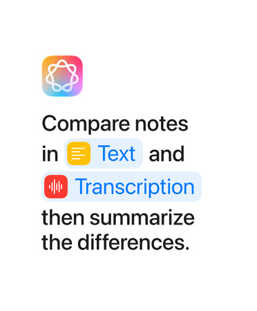 Comparez des notes dans Texte et Transcription, puis faites un résumé des différences en sélectionnant les mots ? Texte ? et ? Transcription ? qui s’affichent en bleu, comme dans l’app Raccourcis