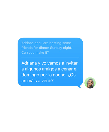 Traduction en direct dans Messages d’un SMS : ? Adriana et moi invitons des proches à d?ner dimanche soir. Est-ce que tu es libre ? ? traduit automatiquement en espagnol