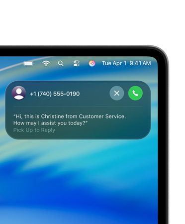 Coin droit de l’écran d’un Mac avec Activité en direct de l’Assistance de mise en attente indiquant qu’une personne est en attente avec un service clientèle