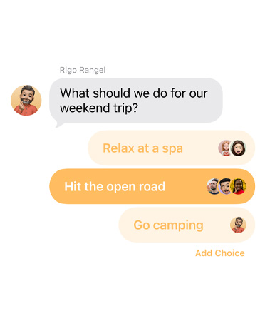 Gros plan de la nouvelle fonctionnalité de sondage dans Messages, des personnes utilisent la conversation de groupe pour voter pour le lieu où partir en week-end