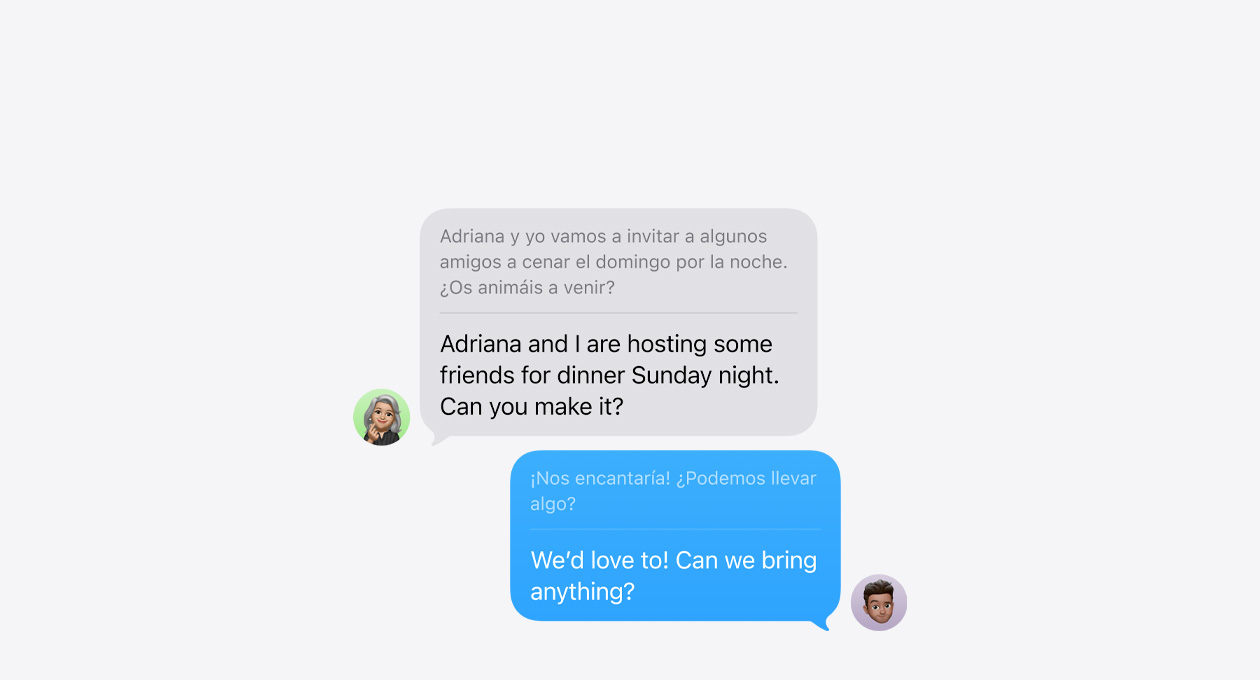 Traduction en direct dans Messages, montrant un exemple de traduction automatique de l’espagnol vers l’anglais