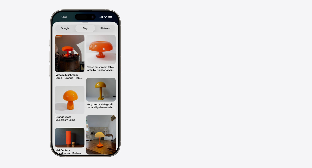 iPhone montrant un agencement d’images présentant différentes lampes champignon sur Etsy, à c?té d’onglets Google et Pinterest