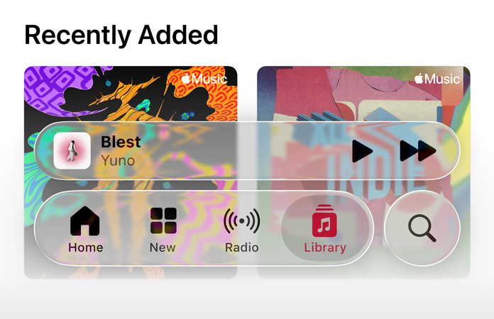 Les commandes translucides dans Apple Music réfractent l’arrière-plan