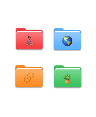Quatre dossiers, deux par rangée, chacun d’une couleur différente, à savoir rouge, bleu clair, orange et vert, avec différentes ic?nes dessus comme une personne faisant du yoga, un globe, le symbole d’un lien URL et une plante.