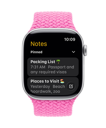 Une Apple Watch argent avec bracelet tressé pivoine, le cadran affiche l’app Notes, avec deux Notes épinglées