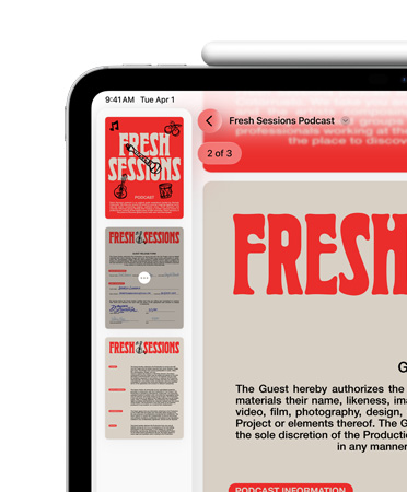 Un iPad, orientation paysage, un Apple Pencil fixé de fa?on magnétique à son sommet, seul le c?té supérieur gauche de l’écran est visible, avec un PDF dans l’app Aper?u