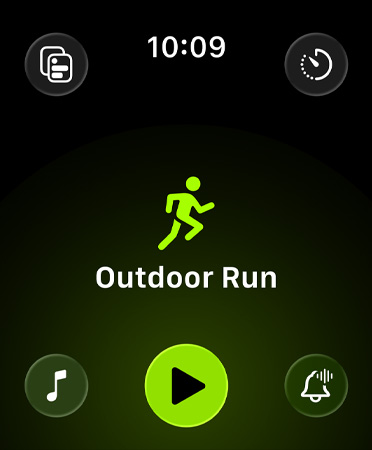 Workout app new layout, green buttons in each corner to access alerts, music, experiences, custom workouts, and metrics against a black background. In center, an icon of a runner in green, with Outdoor Run in white letters below and a green Play button below