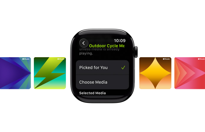 Apple Watch in center in Jet Black, no band, with Picked for You and Choose media options on face, with Outdoor Cycle in green letters at top with custom Apple Music wallpapers in background