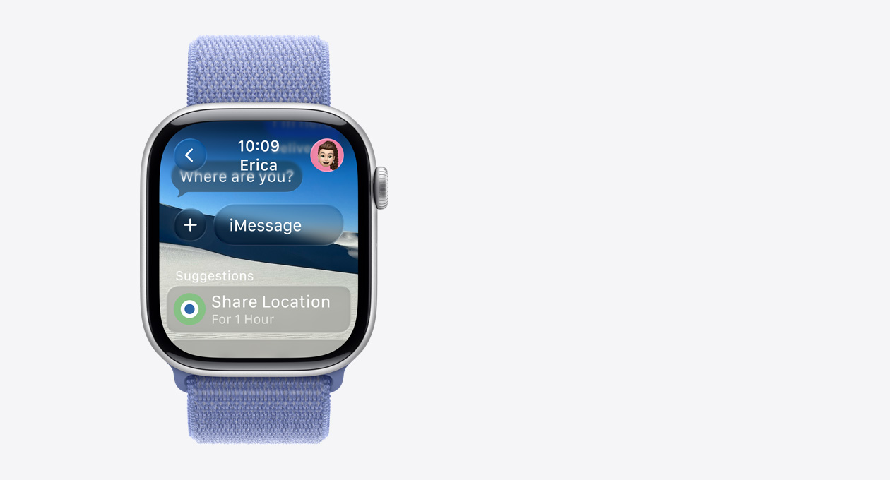 Apple Watch in Silver, Periwinkle band, translucent message on screen says, Where are you?, the word Suggestions is below with a smart action that says Share Location for 1 hour