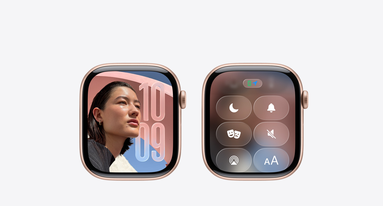Apple Watch in Rose Gold without band, Clock app on watch face showcasing new Liquid Glass design in watchOS 26