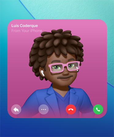 Póster de Contacto en FaceTime, Genmoji en el centro, el nombre de una persona aparece en la esquina superior izquierda, hay íconos para responder, más opciones, colgar y atender en la parte inferior