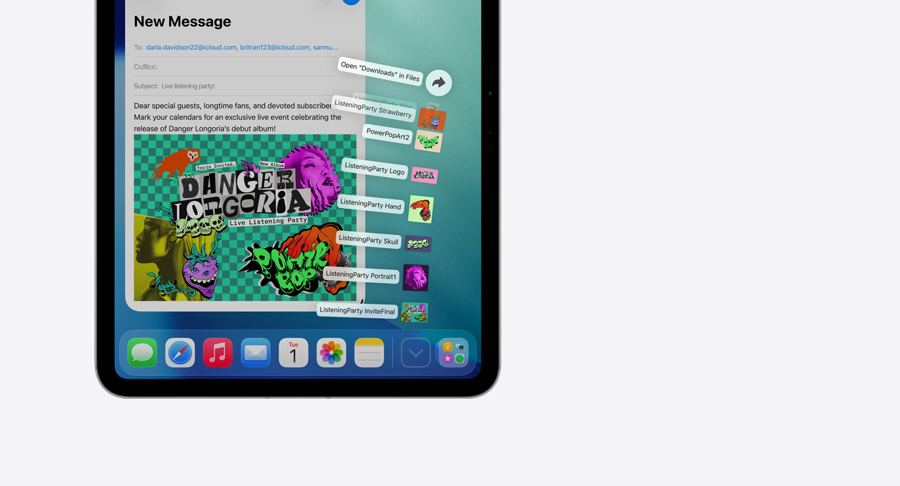 Primer plano de la app Dock en la parte inferior del dispositivo Apple con una serie de archivos desplegados en vertical