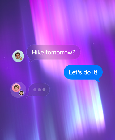 Chat grupal en Mensajes, con un fondo abstracto rosa, morado y azul