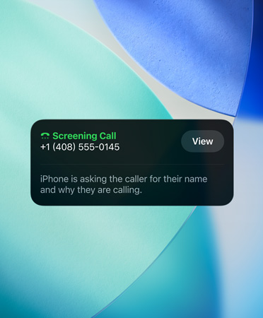 El Widget de la app Teléfono muestra la funcionalidad Revisión de Llamadas en una llamada entrante, con el nuevo fondo de pantalla en azul esmeralda, blanco y turquesa