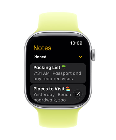 Un Apple Watch color plata con una correa trenzada peonía, en cuya pantalla se ve la app Notas con dos notas destacadas