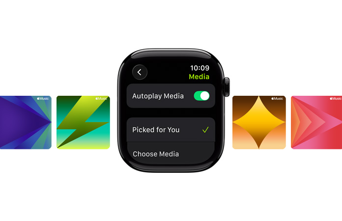 Apple Watch negro azabache ubicado en el centro, sin correa, carátula con las opciones Seleccionadas para Ti y Seleccionar Contenido, con fondos de pantalla de Apple Music personalizados detrás