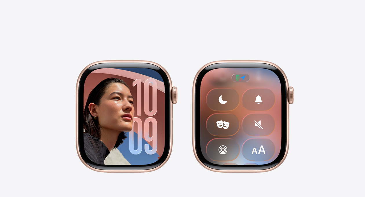 Un Apple Watch color oro rosa sin correa, app Reloj en la carátula que muestra el nuevo dise?o con Liquid Glass en watchOS 26