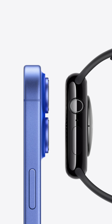 Tampilan samping iPhone 16 dan Apple Watch Series 10 bersebelahan.