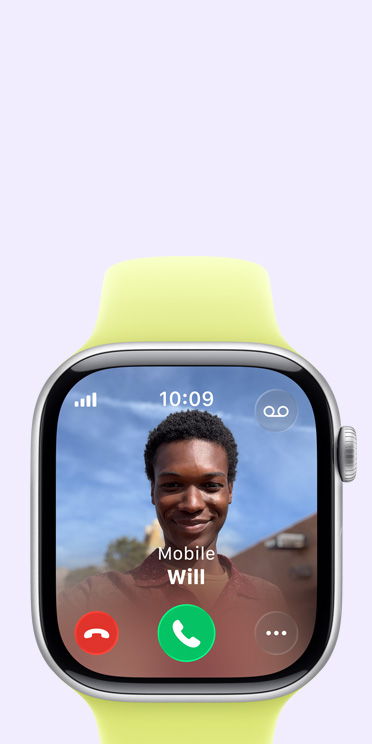 Apple Watch Series 11, asztroszürke alumíniumtok, bej?v? hívás, kontaktfotó, hívásfogadó és híváselutasító gomb, jobb oldali nézet, Digital Crown, neonsárga sportszíj